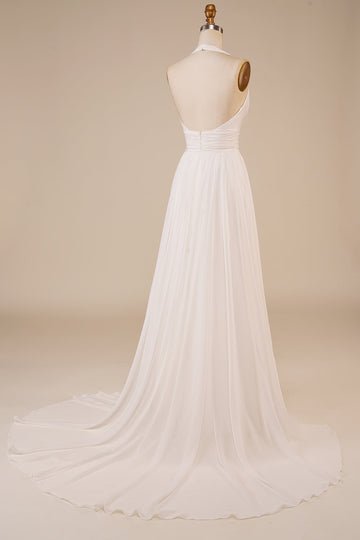 A-Line Halter Ivory Sweep Train Vestido de novia con hendidura